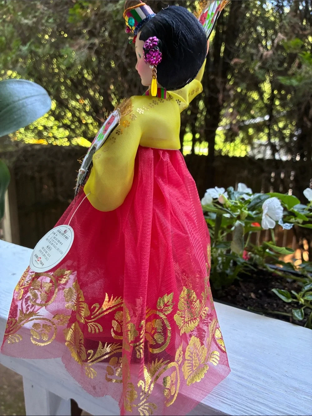 Traditional Korean Fan Dance Doll in Red and Yellow